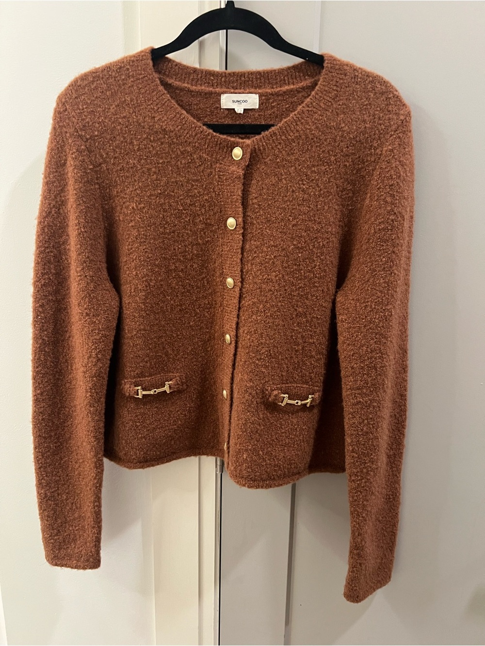 Suncoo Boucle Wool Cardigan with Gold Details
